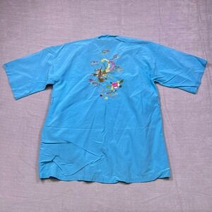 Golden Bee Blue Kimono Robe Embroidered Phoenix Floral Size L Rayon Cotton